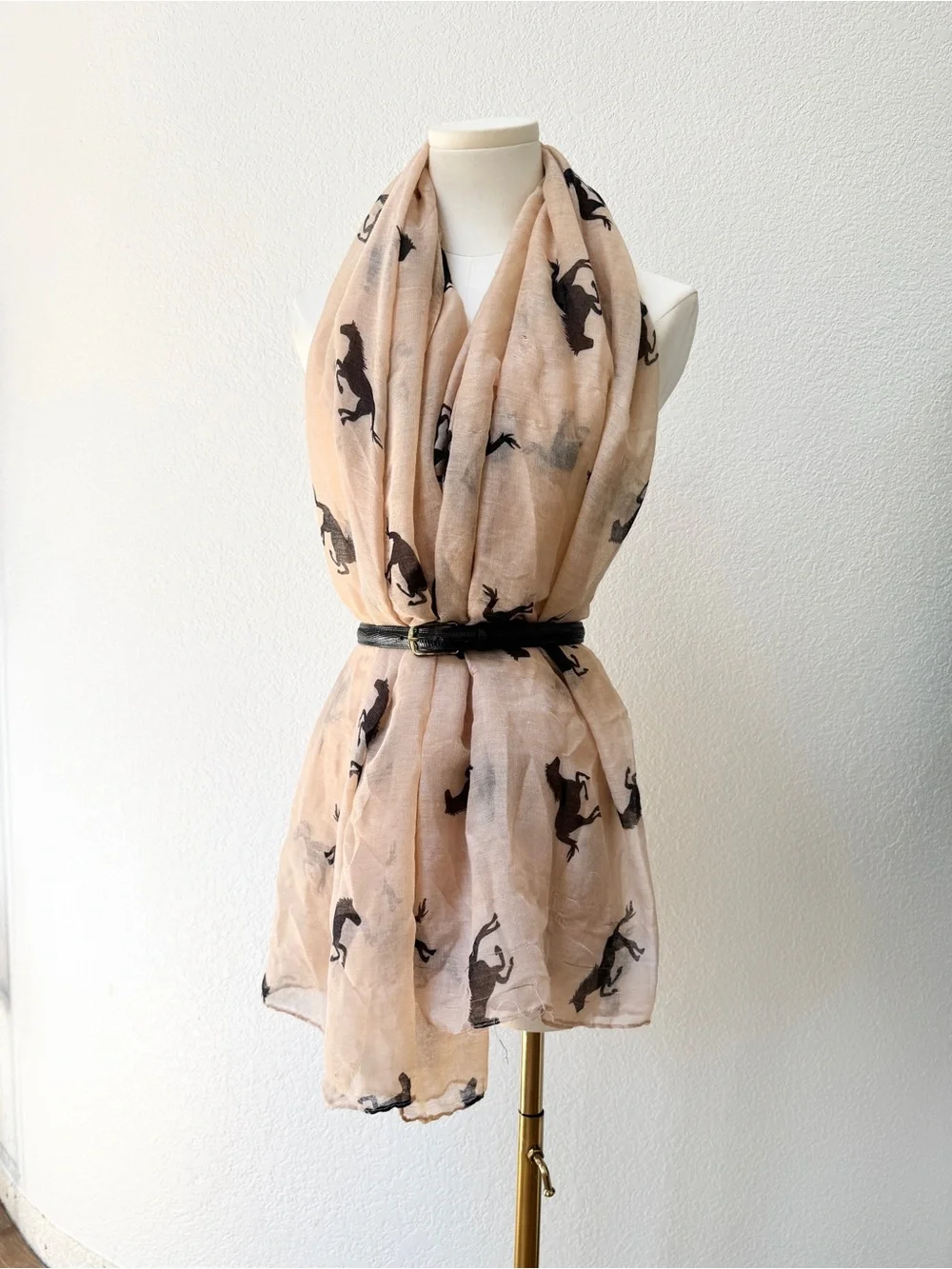 Large 68” Light Beige Black Horse Print Scarf Sheer Linen *wounded/clearance